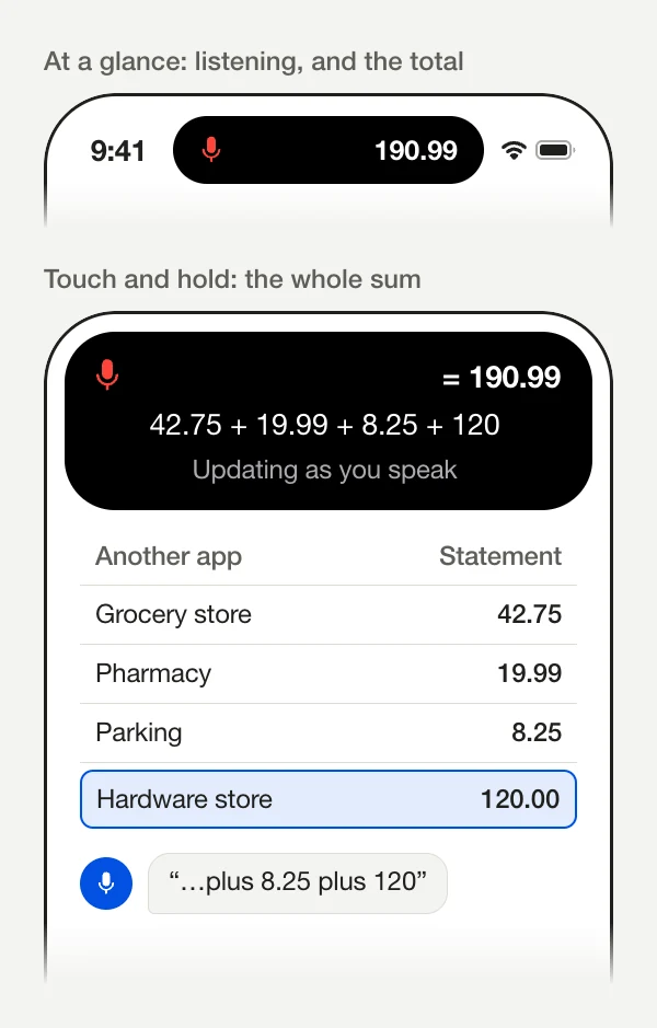 Illustration of the Dynamic Island while Simple Voice Calculator listens. Compact: a red microphone and the total 190.99. Touched and held, over a bank statement in another app: the microphone, = 190.99, the equation 42.75 + 19.99 + 8.25 + 120 and “Updating as you speak”