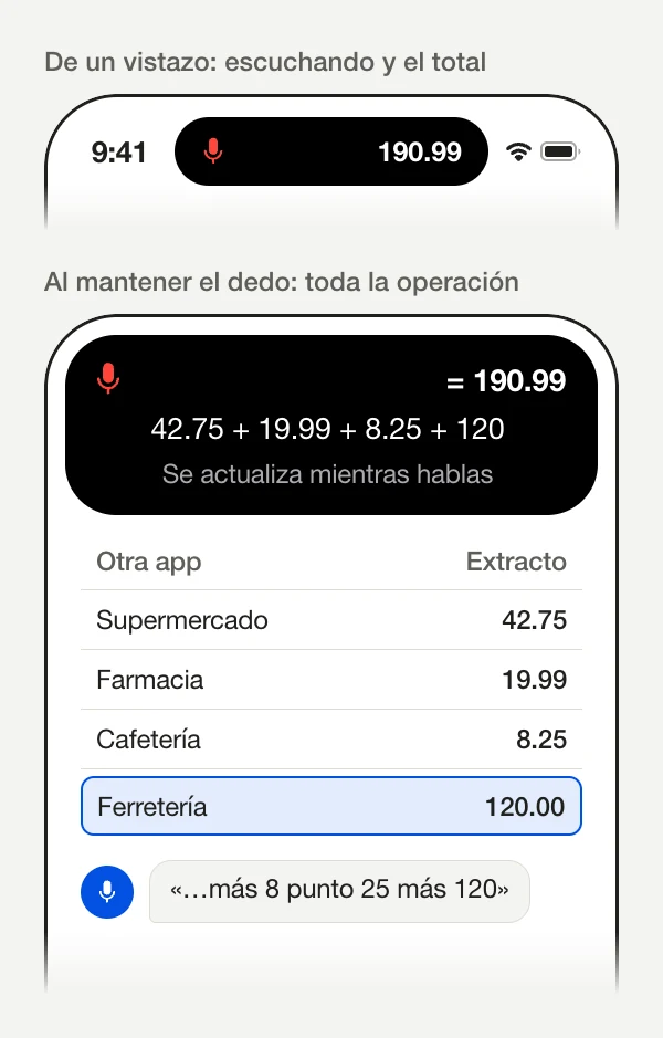 Ilustración de la Dynamic Island mientras Simple Voice Calculator escucha. Compacta: un micrófono rojo y el total 190.99. Al mantener el dedo, sobre un extracto bancario en otra app: el micrófono, = 190.99, la operación 42.75 + 19.99 + 8.25 + 120 y «Se actualiza mientras hablas»