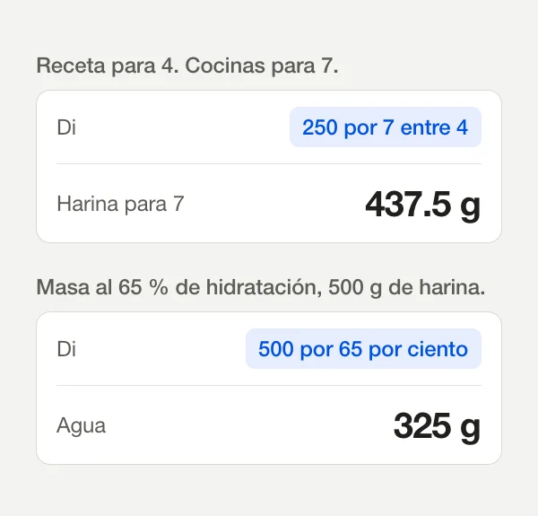 Dos cuentas de cocina: 250 por 7 entre 4 da 437.5 g de harina, y 500 por 65 por ciento da 325 g de agua