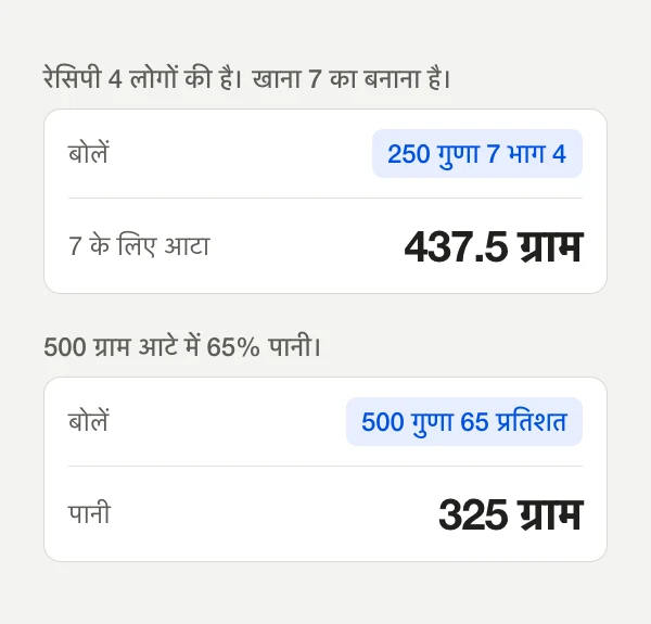 रसोई के दो हिसाब: 250 गुणा 7 भाग 4 से 437.5 ग्राम आटा, और 500 गुणा 65 प्रतिशत से 325 ग्राम पानी