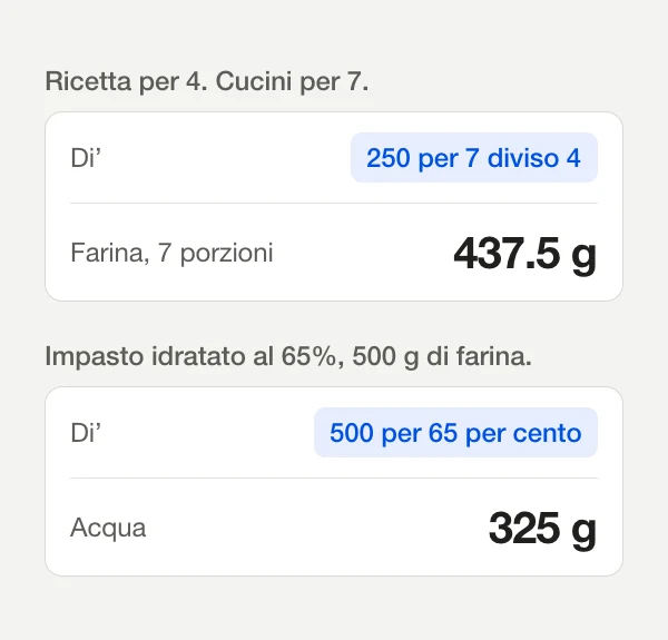 Due calcoli di cucina: 250 per 7 diviso 4 dà 437,5 g di farina, e 500 per 65 per cento dà 325 g di acqua