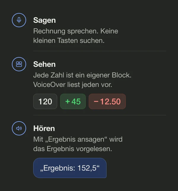 Diagramm mit drei Schritten: die Rechnung sagen, jede Zahl als eigenen Block sehen, den VoiceOver vorliest, und das vorgelesene Ergebnis hören