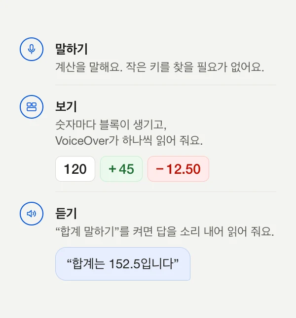 다이어그램, 세 단계: 계산을 말하고, 숫자를 하나씩 VoiceOver가 읽어 주는 블록으로 확인하고, 합계를 소리로 들어요