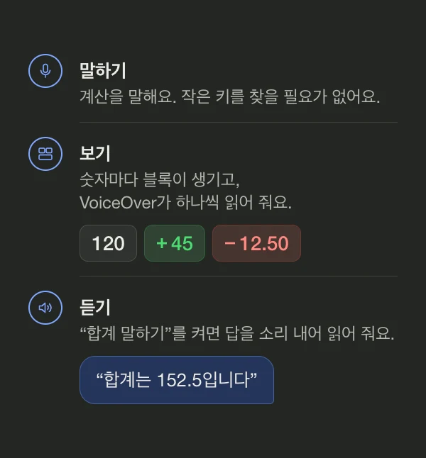 다이어그램, 세 단계: 계산을 말하고, 숫자를 하나씩 VoiceOver가 읽어 주는 블록으로 확인하고, 합계를 소리로 들어요