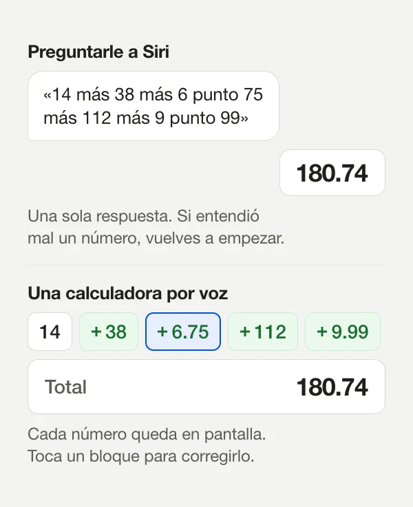 Diagrama que compara Siri, que da una sola respuesta, 180.74, a una lista dicha en voz alta, con una calculadora por voz que muestra cada número como un bloque encima del mismo total