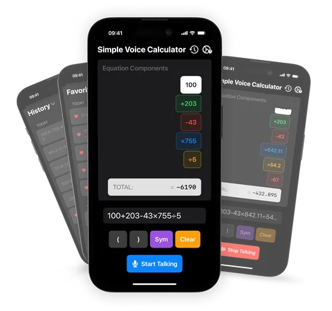 Simple Voice Calculator showing every number of a spoken calculation