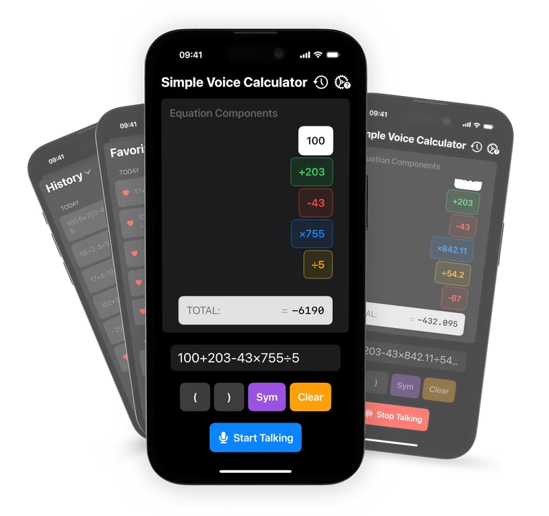 음성 입력과 즉시 계산 결과를 보여 주는 Simple Voice Calculator 앱 화면