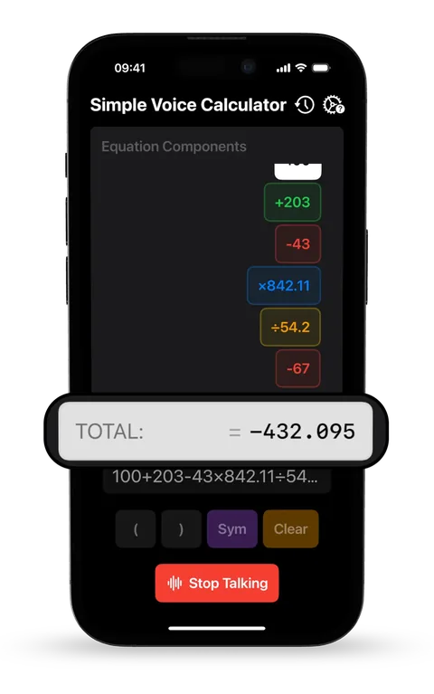 Simple Voice Calculator showing a large total under the list of numbers
