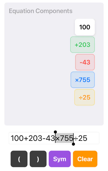 Screenshot of Simple Voice Calculator after tapping Edit on the ×755 block: the blocks 100, +203, -43, ×755 and ÷25, and below them the text field 100+203-43×755÷25 with ×755 selected