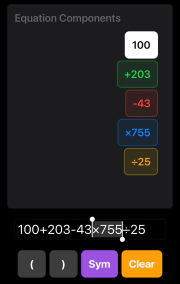 Screenshot of Simple Voice Calculator after tapping Edit on the ×755 block: the blocks 100, +203, -43, ×755 and ÷25, and below them the text field 100+203-43×755÷25 with ×755 selected
