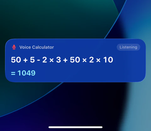 Screenshot of the iPhone Lock Screen with the Simple Voice Calculator Live Activity: a blue card with a red microphone, Voice Calculator, a Listening tag, the equation 50 + 5 - 2 × 3 + 50 × 2 × 10 and = 1049