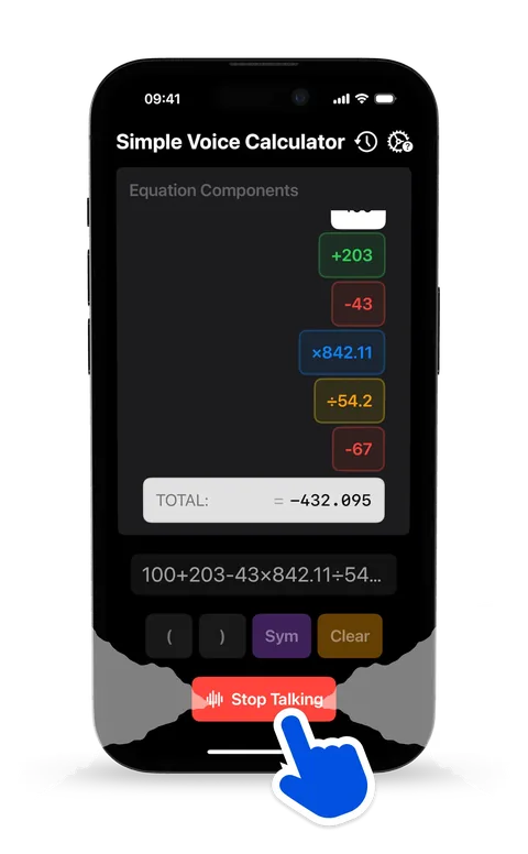 Simple Voice Calculator listening, with each spoken number shown as a separate block