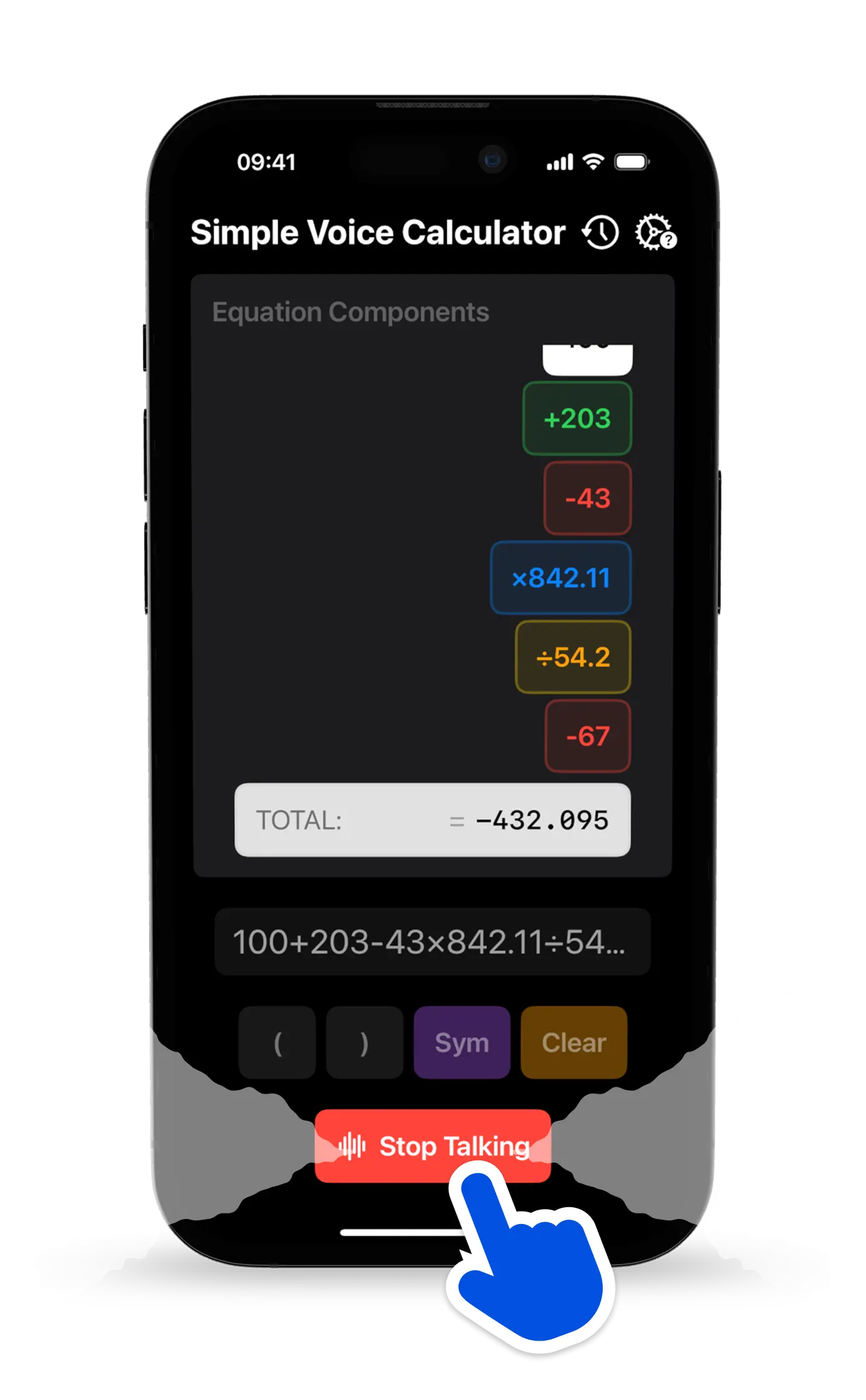 Tap the microphone and speak your equation in Simple Voice Calculator