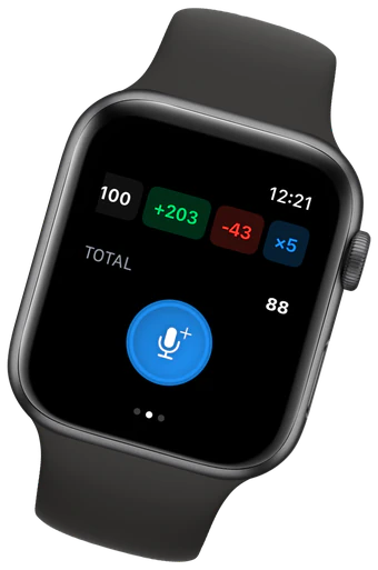 Simple Voice Calculator를 실행 중인 Apple Watch: 블록 100, +203, -43, ×5와 TOTAL 88, 파란색 마이크 버튼
