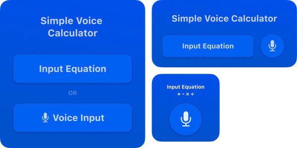 The Simple Voice Calculator Home Screen widget in three sizes: large, with Input Equation or Voice Input; medium, with an Input Equation button and a microphone; small, with Input Equation, + - × ÷ and a microphone